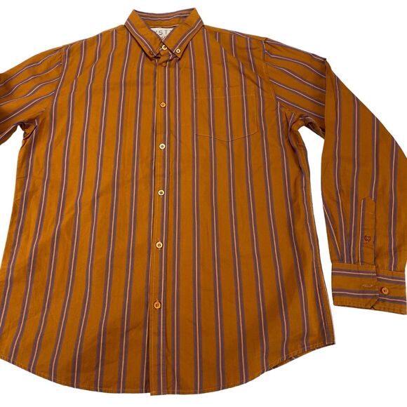 VSTR Premium Button Up Shirt Men's Large Orange Striped Long Sleeve Collared - Picture 8 of 9